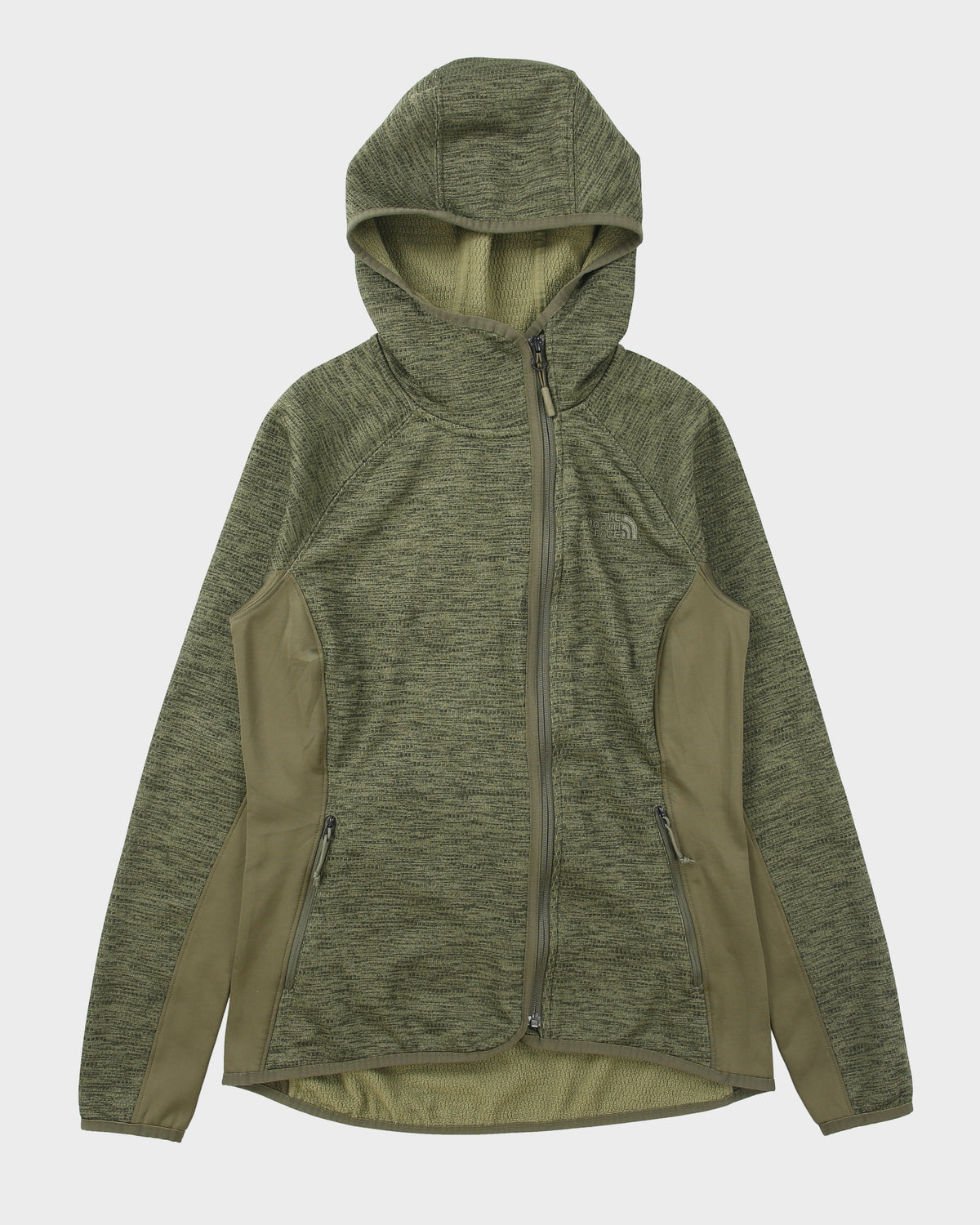 Vintage The North Face Women's Khaki Soft Shell Asymmetric Zip-Up Fleece Hoodie - M