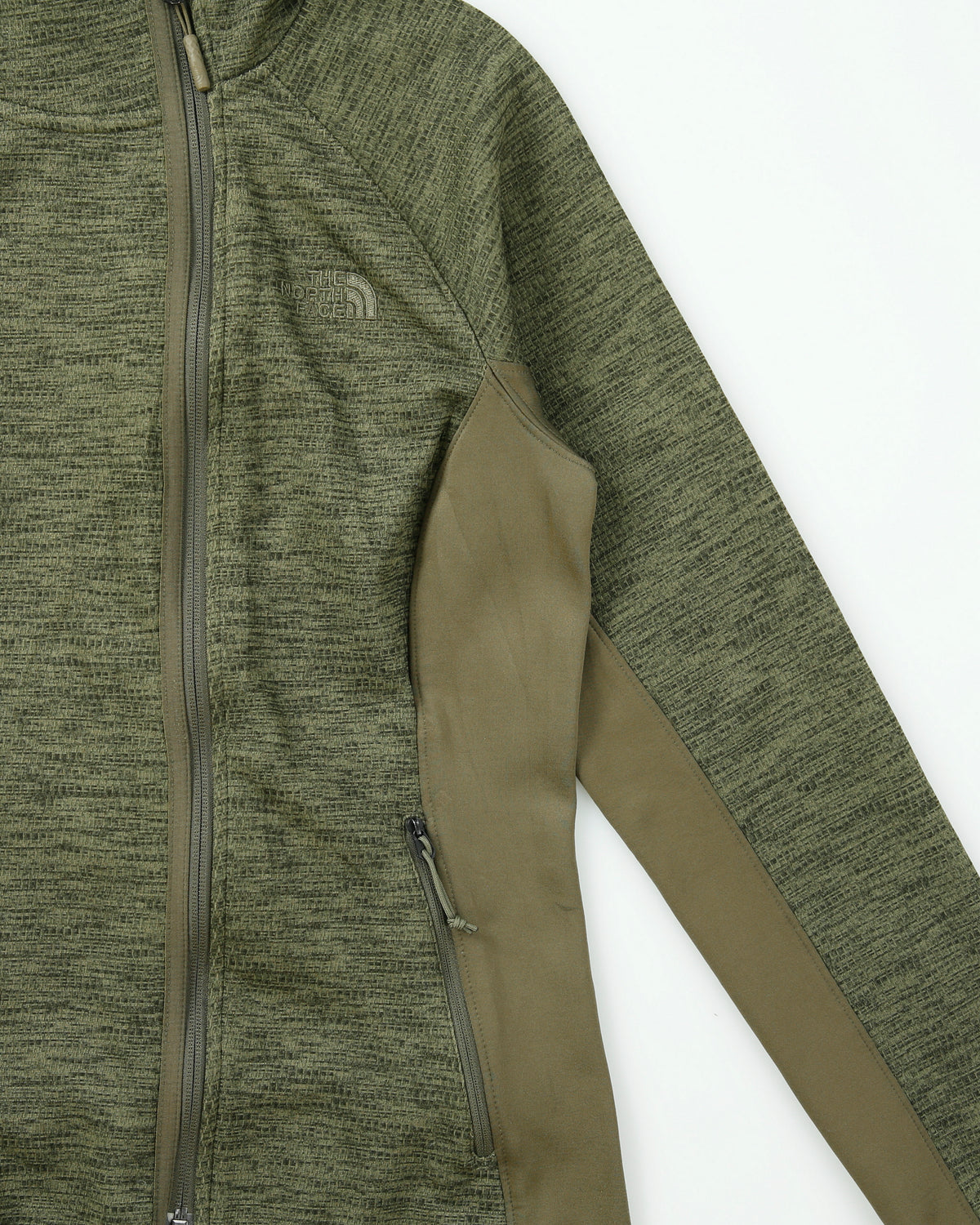 Vintage The North Face Women's Khaki Soft Shell Asymmetric Zip-Up Fleece Hoodie - M