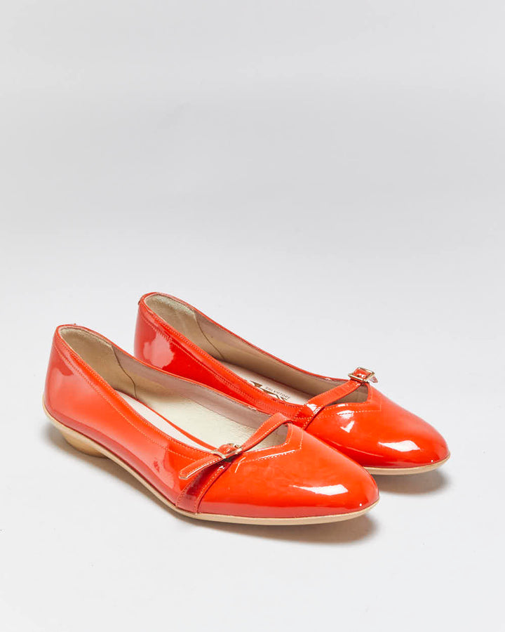 DS Vintage Y2K 00s Salvatore Ferragamo 'Audrey (1954)' Women's Orange Patent Leather Ballet Flats - UK5