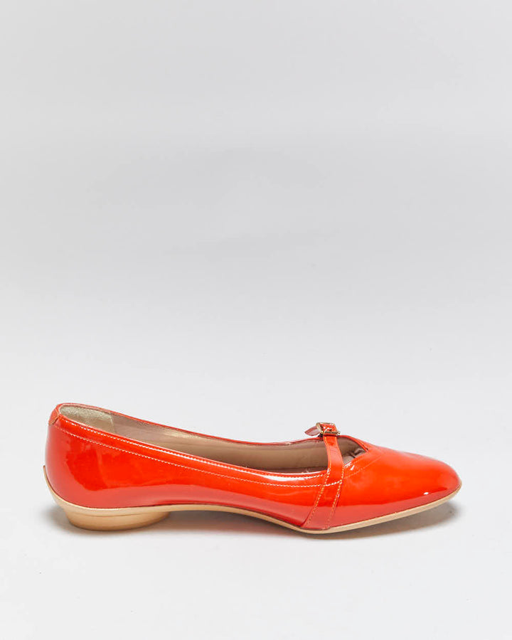 DS Vintage Y2K 00s Salvatore Ferragamo 'Audrey (1954)' Women's Orange Patent Leather Ballet Flats - UK5