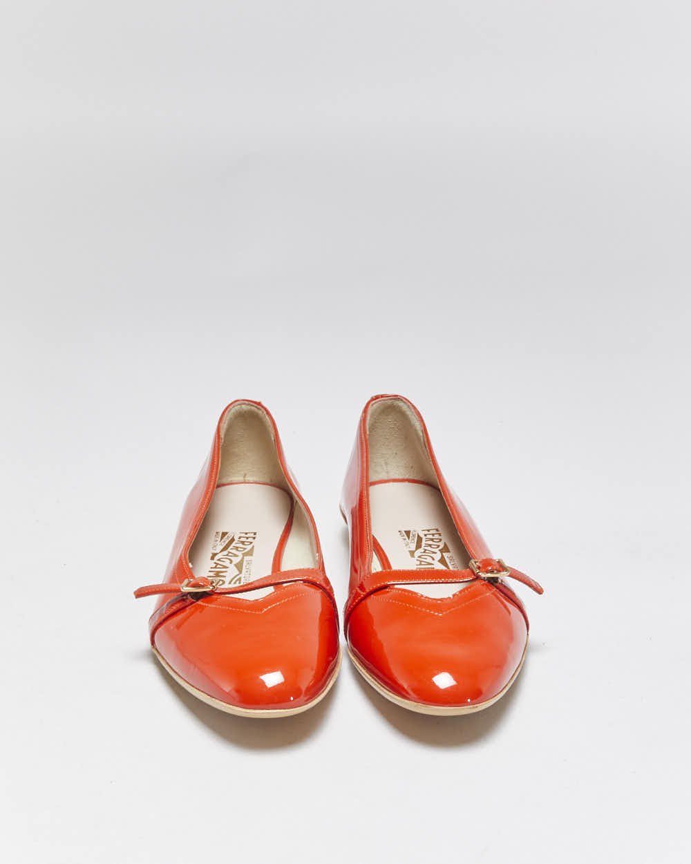 DS Vintage Y2K 00s Salvatore Ferragamo 'Audrey (1954)' Women's Orange Patent Leather Ballet Flats - UK5