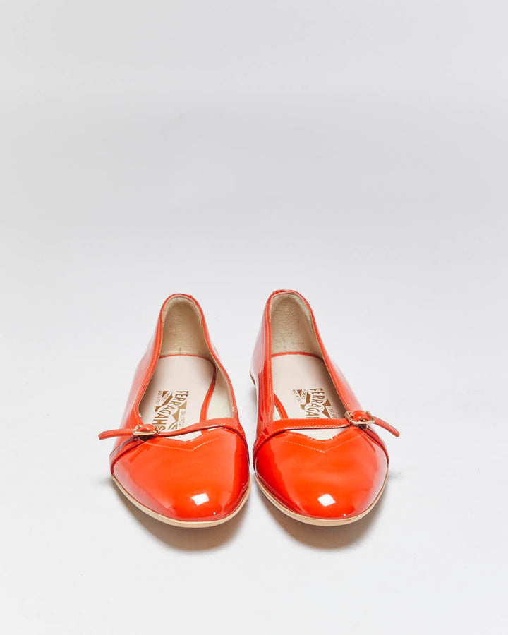 DS Vintage Y2K 00s Salvatore Ferragamo 'Audrey (1954)' Women's Orange Patent Leather Ballet Flats - UK5