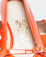 DS Vintage Y2K 00s Salvatore Ferragamo 'Audrey (1954)' Women's Orange Patent Leather Ballet Flats - UK5