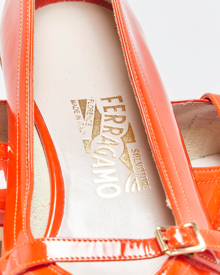 DS Vintage Y2K 00s Salvatore Ferragamo 'Audrey (1954)' Women's Orange Patent Leather Ballet Flats - UK5