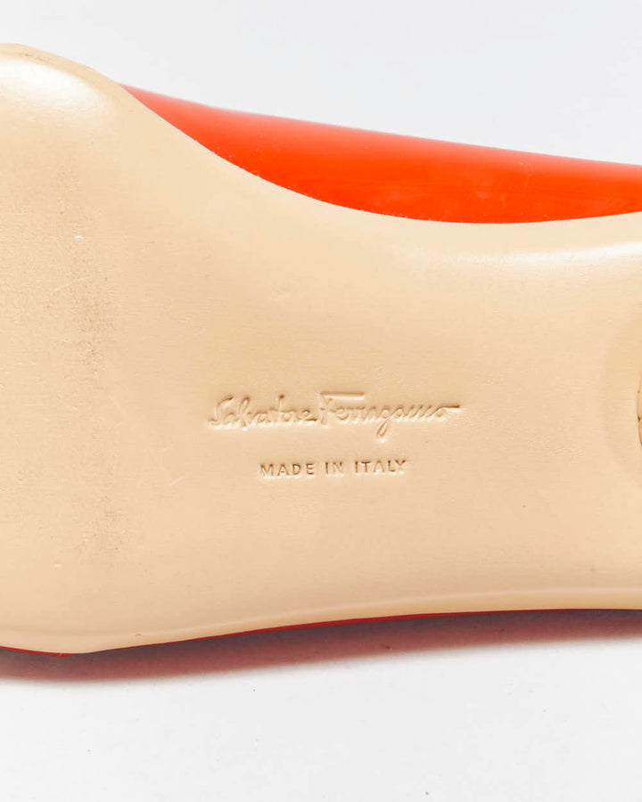 DS Vintage Y2K 00s Salvatore Ferragamo 'Audrey (1954)' Women's Orange Patent Leather Ballet Flats - UK5