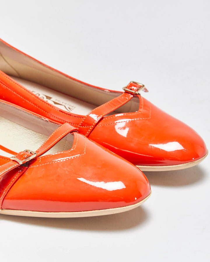 DS Vintage Y2K 00s Salvatore Ferragamo 'Audrey (1954)' Women's Orange Patent Leather Ballet Flats - UK5