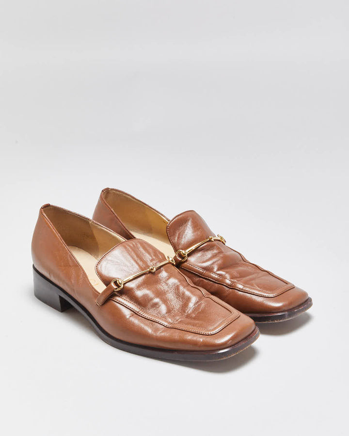 Vintage 1990s Gucci Women's Tan Brown Leather Horsebit Buckle Square Toe Heeled Loafers - UK4.5