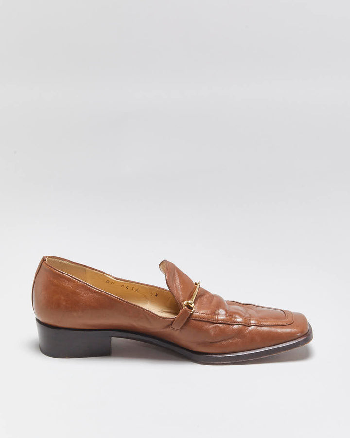 Vintage 1990s Gucci Women's Tan Brown Leather Horsebit Buckle Square Toe Heeled Loafers - UK4.5
