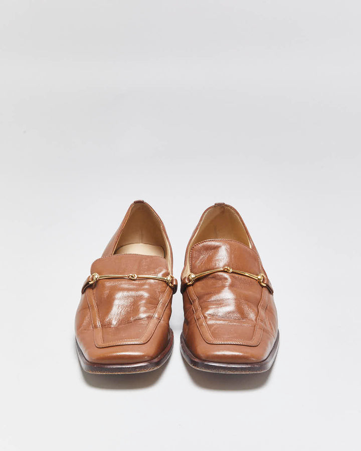 Vintage 1990s Gucci Women's Tan Brown Leather Horsebit Buckle Square Toe Heeled Loafers - UK4.5