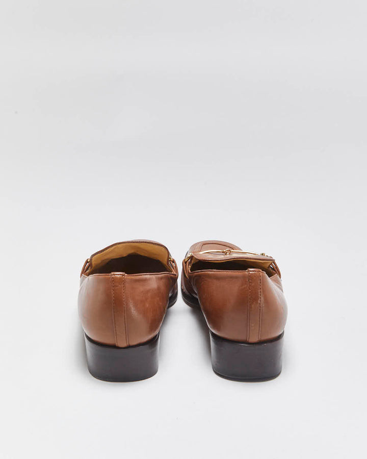 Vintage 1990s Gucci Women's Tan Brown Leather Horsebit Buckle Square Toe Heeled Loafers - UK4.5