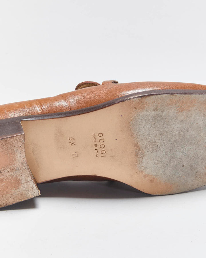 Vintage 1990s Gucci Women's Tan Brown Leather Horsebit Buckle Square Toe Heeled Loafers - UK4.5