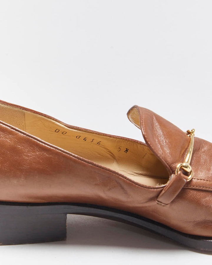 Vintage 1990s Gucci Women's Tan Brown Leather Horsebit Buckle Square Toe Heeled Loafers - UK4.5