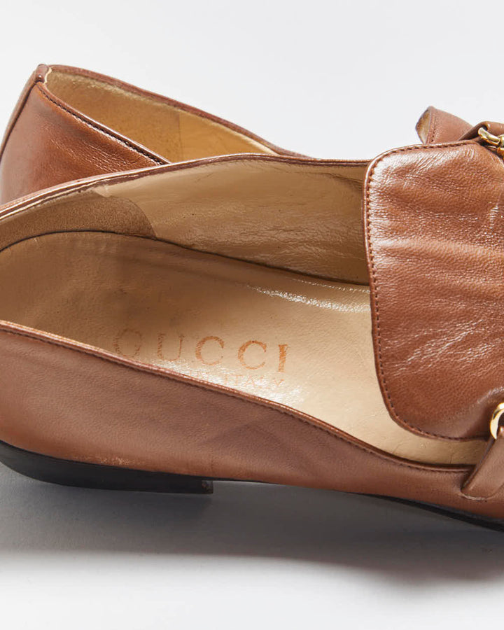 Vintage 1990s Gucci Women's Tan Brown Leather Horsebit Buckle Square Toe Heeled Loafers - UK4.5