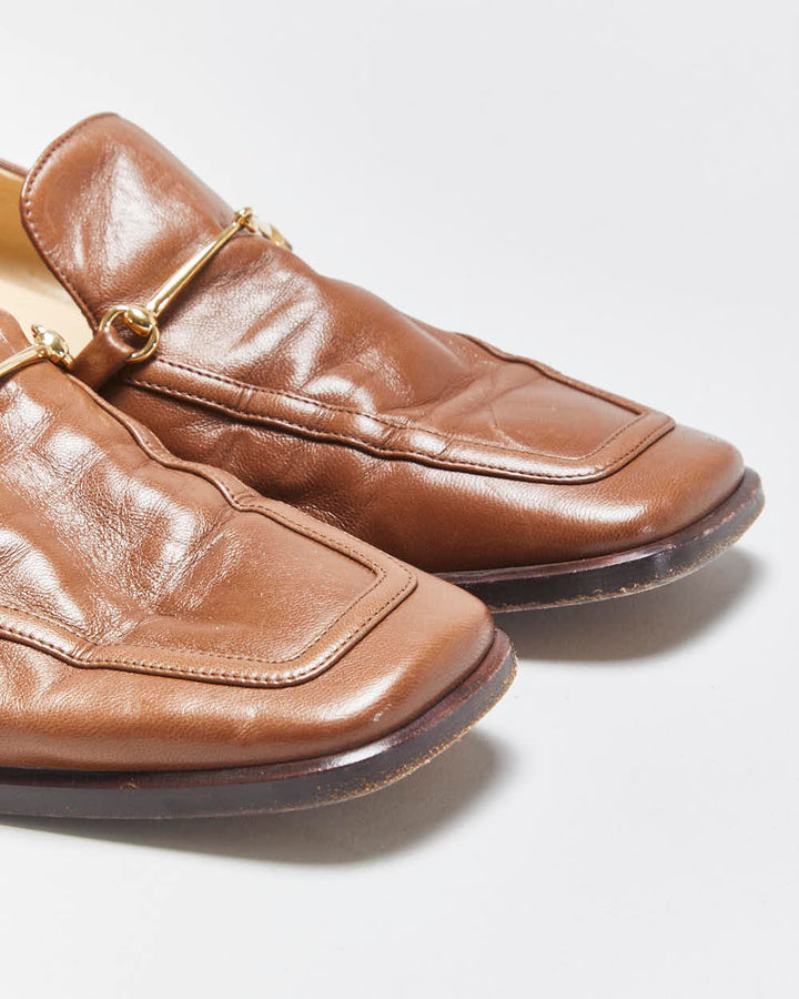 Vintage 1990s Gucci Women's Tan Brown Leather Horsebit Buckle Square Toe Heeled Loafers - UK4.5