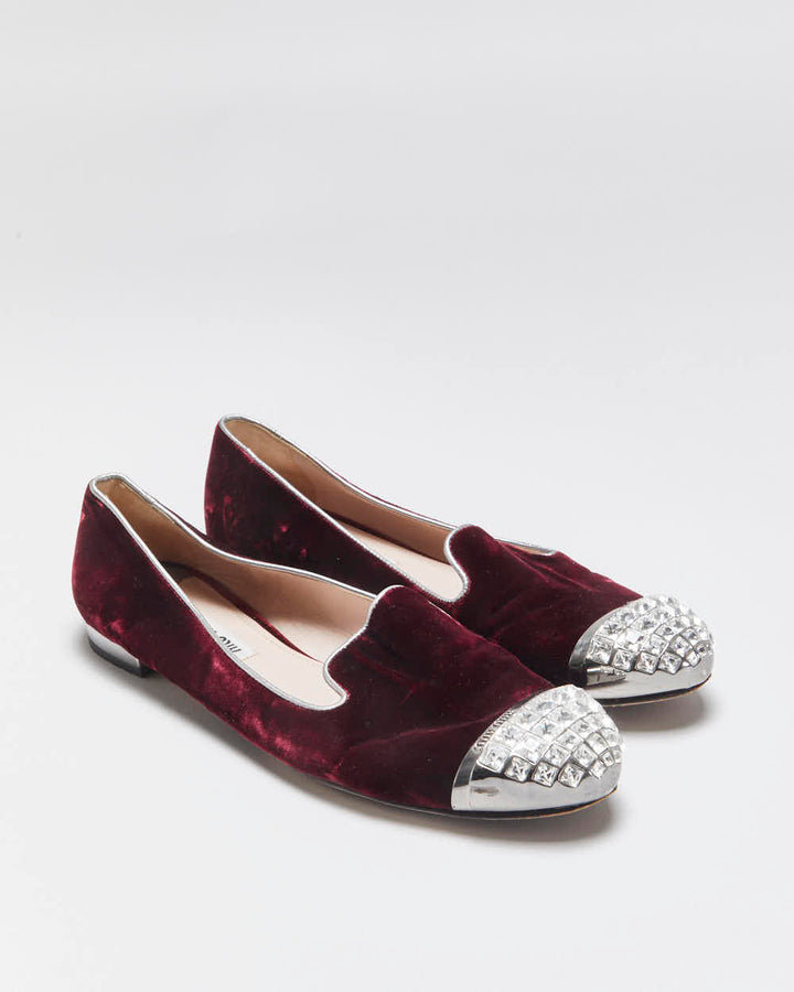Vintage Miu Miu Women's Bordeaux Velvet Crystal Embellished Smoking Slipper Ballet Flats - UK4.5