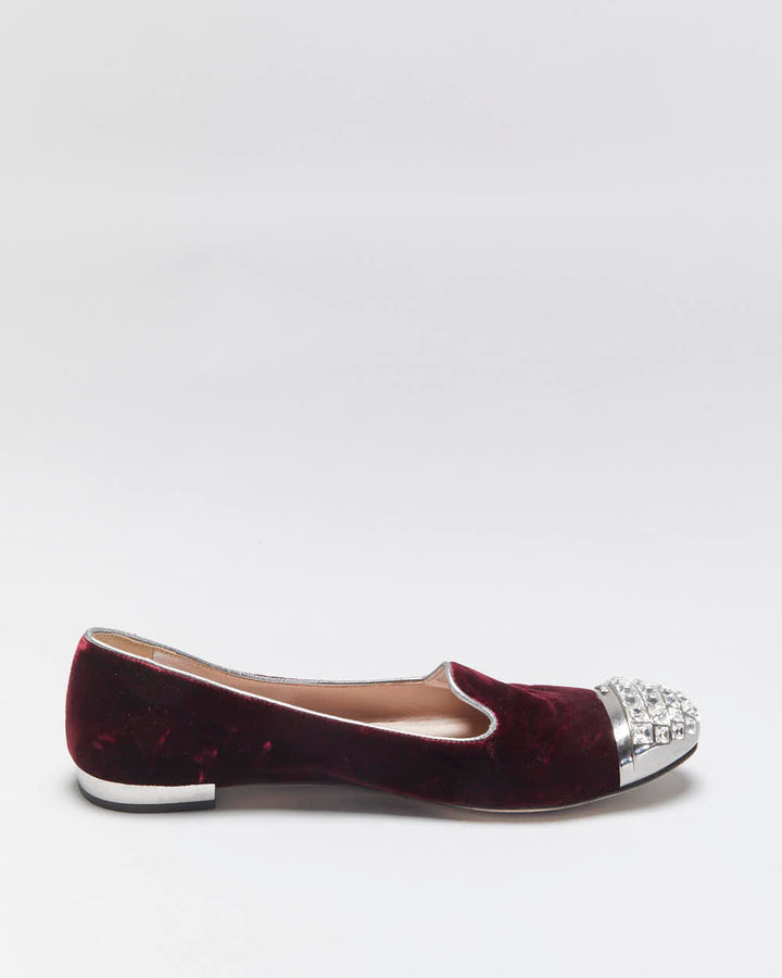 Vintage Miu Miu Women's Bordeaux Velvet Crystal Embellished Smoking Slipper Ballet Flats - UK4.5