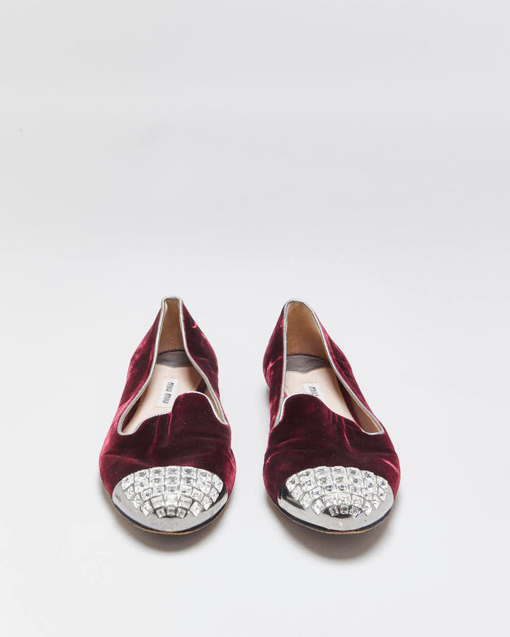 Vintage Miu Miu Women's Bordeaux Velvet Crystal Embellished Smoking Slipper Ballet Flats - UK4.5