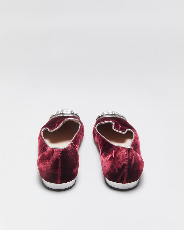 Vintage Miu Miu Women's Bordeaux Velvet Crystal Embellished Smoking Slipper Ballet Flats - UK4.5