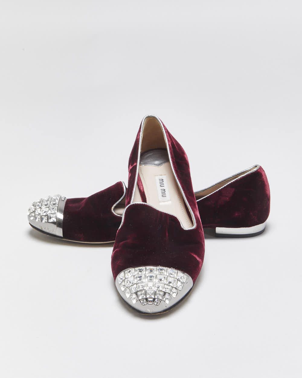 Vintage Miu Miu Women's Bordeaux Velvet Crystal Embellished Smoking Slipper Ballet Flats - UK4.5