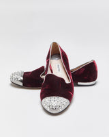 Vintage Miu Miu Women's Bordeaux Velvet Crystal Embellished Smoking Slipper Ballet Flats - UK4.5