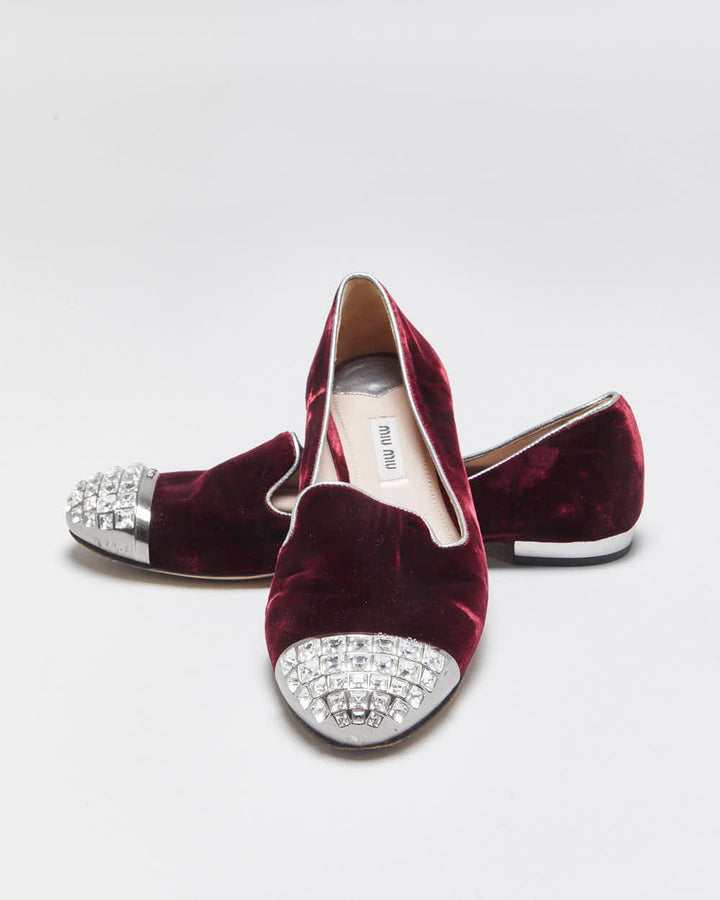 Vintage Miu Miu Women's Bordeaux Velvet Crystal Embellished Smoking Slipper Ballet Flats - UK4.5