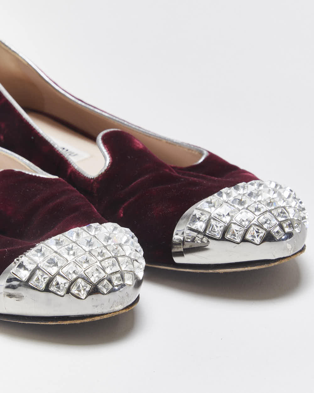 Vintage Miu Miu Women's Bordeaux Velvet Crystal Embellished Smoking Slipper Ballet Flats - UK4.5