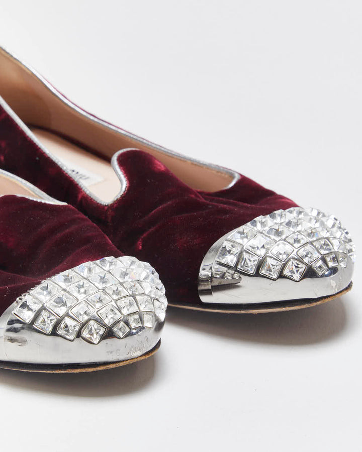 Vintage Miu Miu Women's Bordeaux Velvet Crystal Embellished Smoking Slipper Ballet Flats - UK4.5
