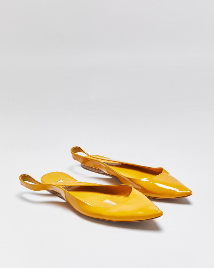 Vintage Miu Miu Women's Mustard Yellow Patent Leather Pointed Toe Slingback Ballet Flats - UK6