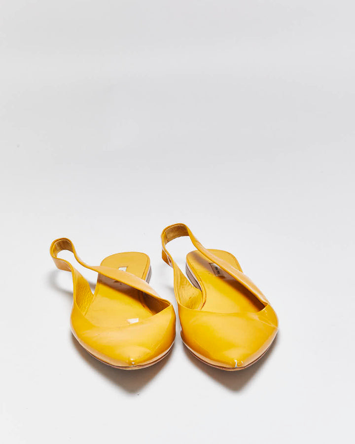 Vintage Miu Miu Women's Mustard Yellow Patent Leather Pointed Toe Slingback Ballet Flats - UK6