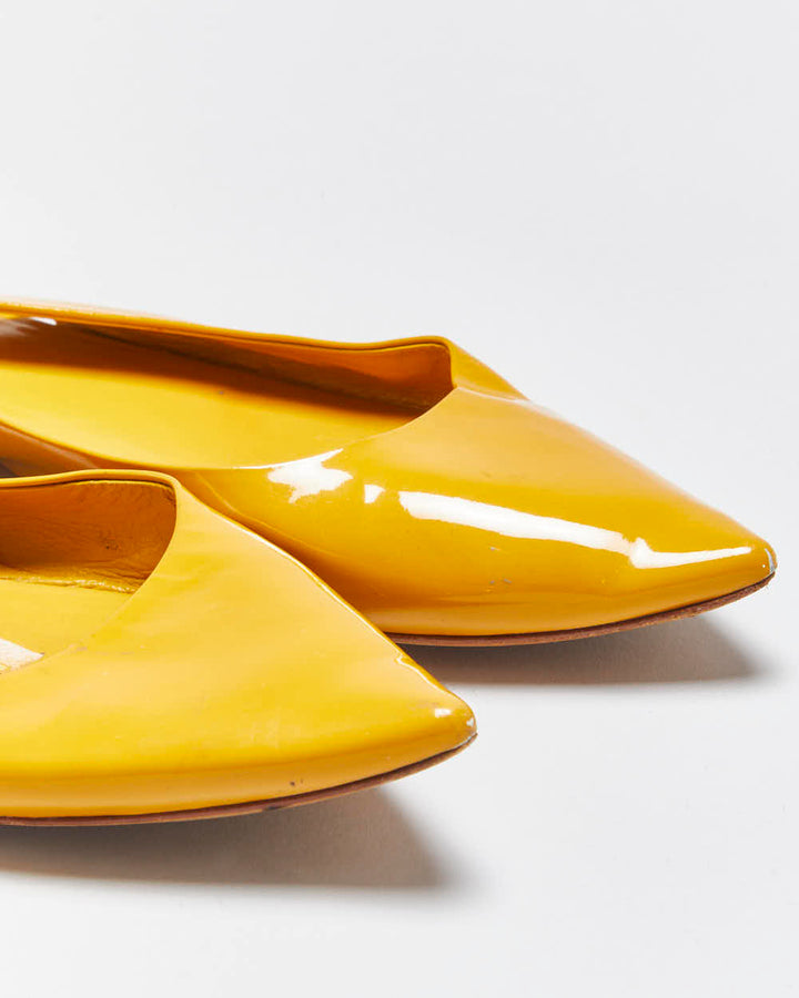 Vintage Miu Miu Women's Mustard Yellow Patent Leather Pointed Toe Slingback Ballet Flats - UK6