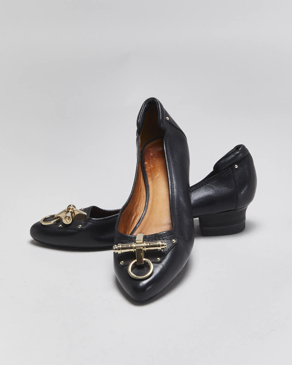 Vintage Givenchy Women's Leather Gold Buckle Block Heel Court Shoes - UK5