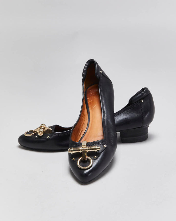 Vintage Givenchy Women's Leather Gold Buckle Block Heel Court Shoes - UK6