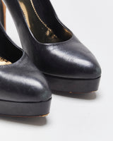 Vintage Y2K 00s Gucci Women's Black Leather Platform Pointed Toe Stiletto Heel Pumps - UK2