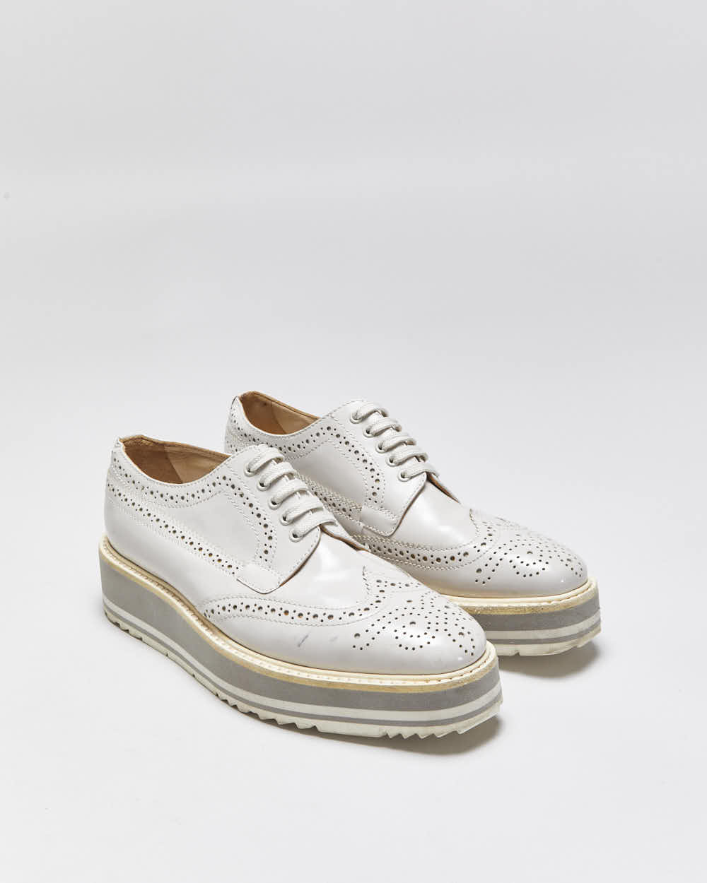 Prada Women's Pale Grey Patent Leather Platform Brogues - UK2.5