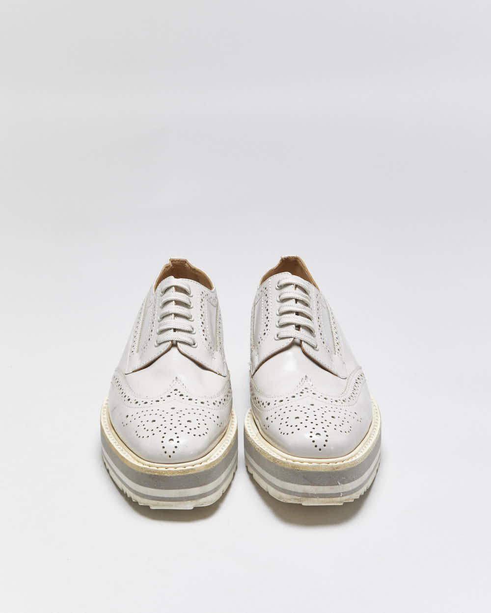 Prada Women's Pale Grey Patent Leather Platform Brogues - UK2.5