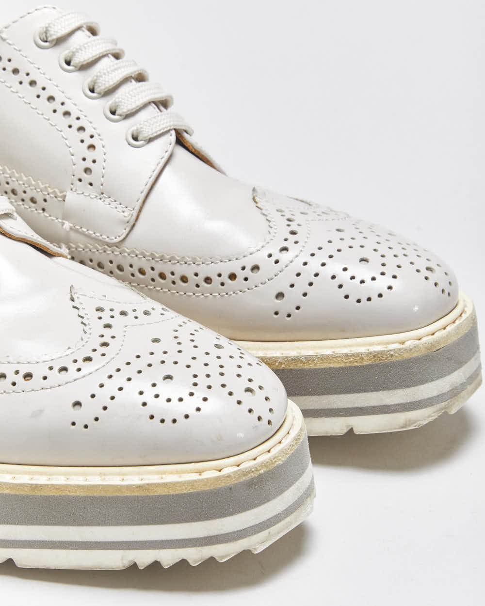 Prada Women's Pale Grey Patent Leather Platform Brogues - UK2.5