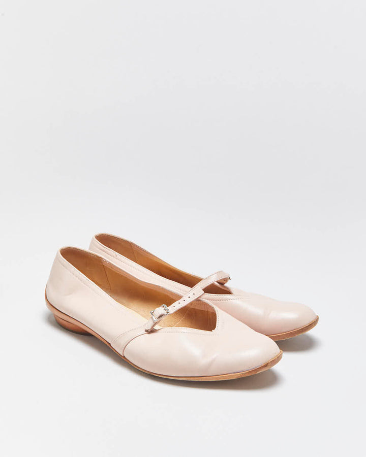 Vintage Y2K 00s Salvatore Ferragamo Women's Baby Pink Calfskin Leather 'Audrey' Low Heel Ballet Flats - UK5
