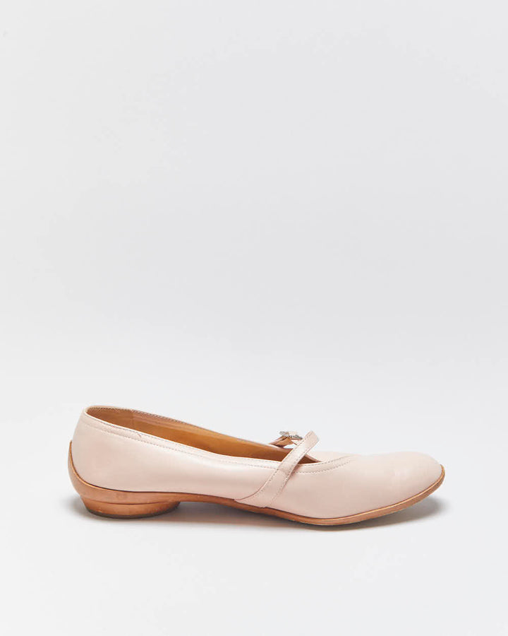 Vintage Y2K 00s Salvatore Ferragamo Women's Baby Pink Calfskin Leather 'Audrey' Low Heel Ballet Flats - UK5