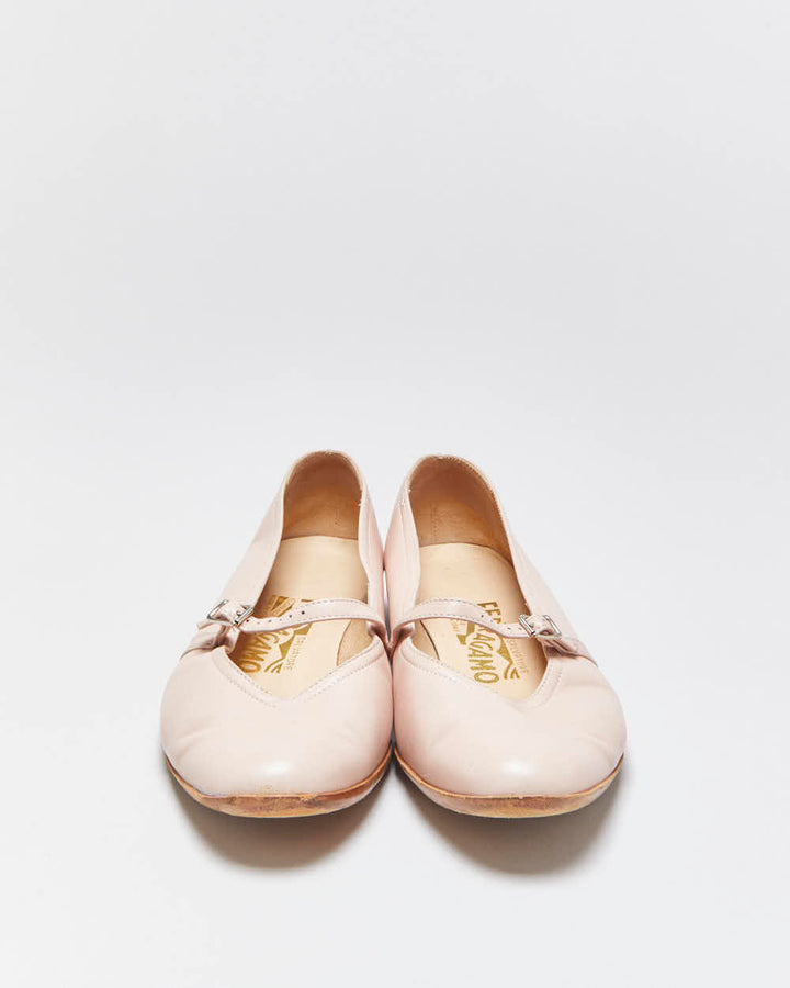 Vintage Y2K 00s Salvatore Ferragamo Women's Baby Pink Calfskin Leather 'Audrey' Low Heel Ballet Flats - UK5