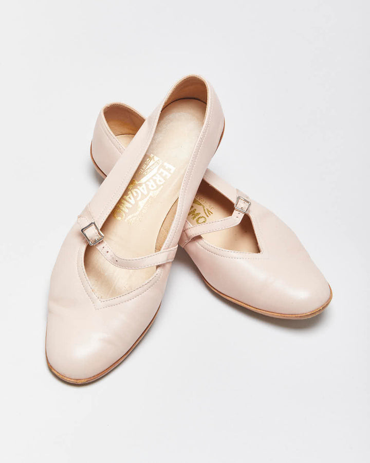 Vintage Y2K 00s Salvatore Ferragamo Women's Baby Pink Calfskin Leather 'Audrey' Low Heel Ballet Flats - UK5