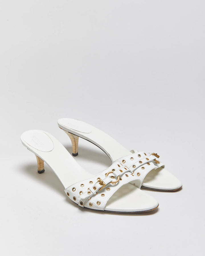 Vintage Y2K 00s Gucci Women's White Leather Open Toe Buckle Mules - UK8