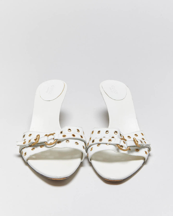 Vintage Y2K 00s Gucci Women's White Leather Open Toe Buckle Mules - UK8