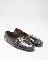Salvatore Ferragamo Women's Black Patent Leather Gancini Horsebit Driving Loafers - UK7