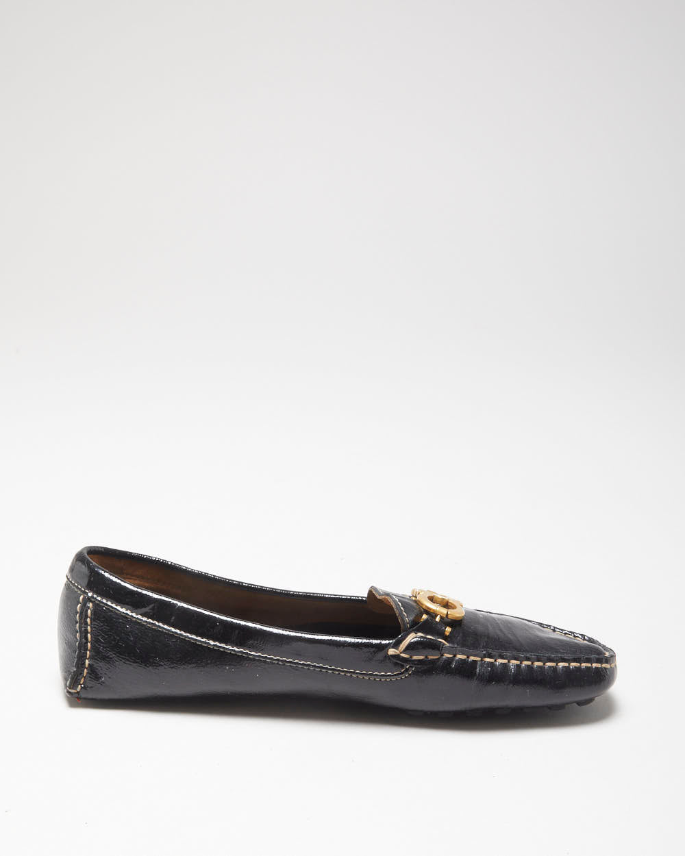 Salvatore Ferragamo Women's Black Patent Leather Gancini Horsebit Driving Loafers - UK7