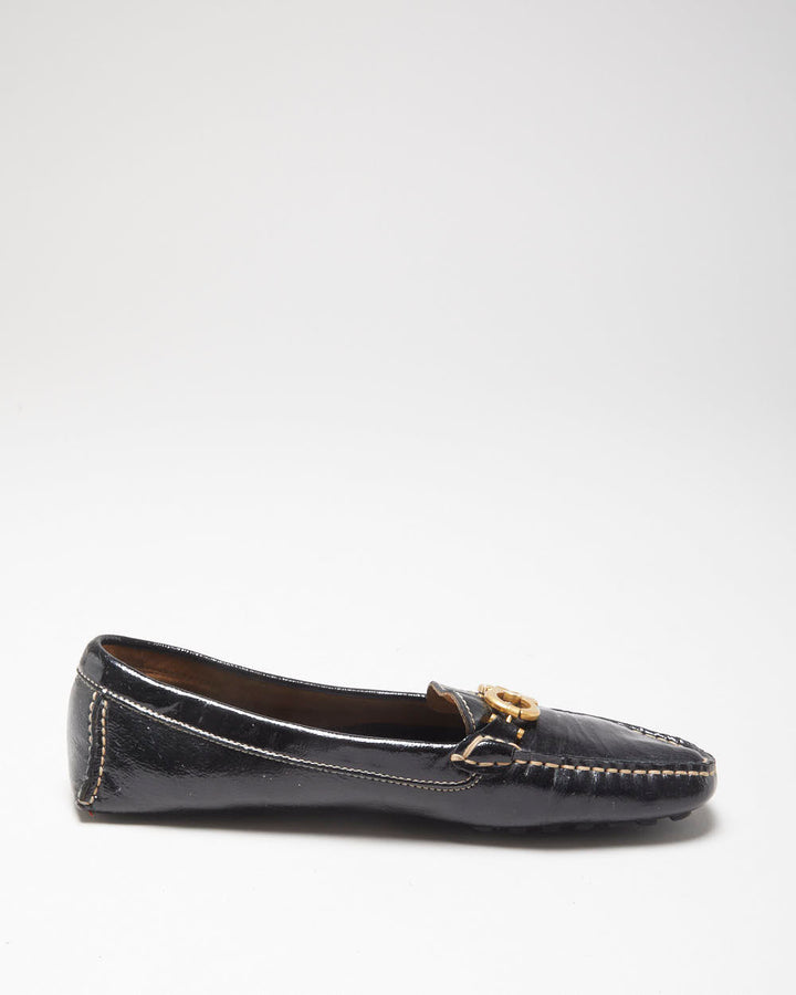 Salvatore Ferragamo Women's Black Patent Leather Gancini Horsebit Driving Loafers - UK7