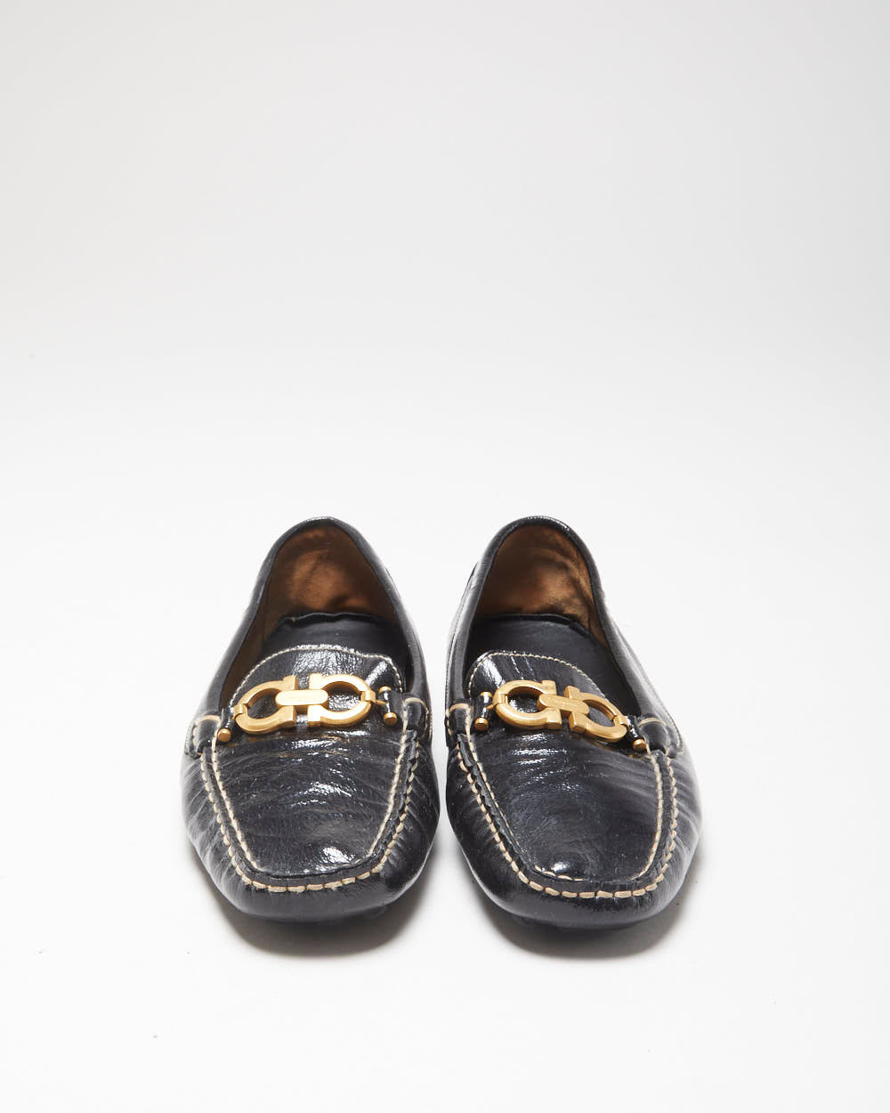 Salvatore Ferragamo Women's Black Patent Leather Gancini Horsebit Driving Loafers - UK7