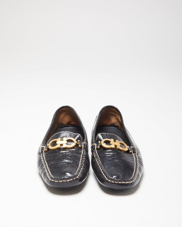 Salvatore Ferragamo Women's Black Patent Leather Gancini Horsebit Driving Loafers - UK7