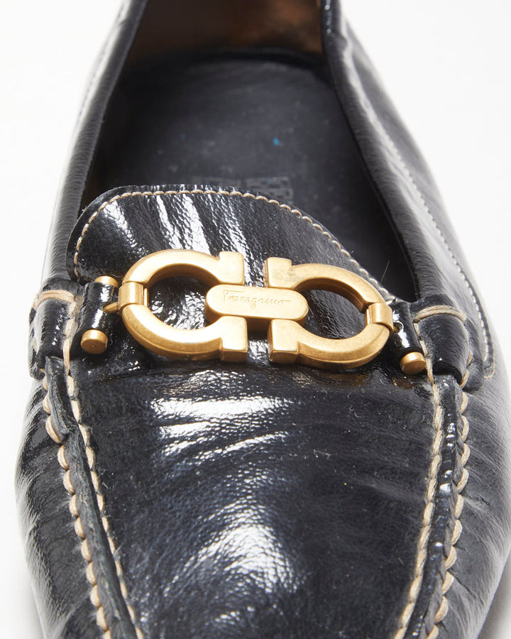 Salvatore Ferragamo Women's Black Patent Leather Gancini Horsebit Driving Loafers - UK7