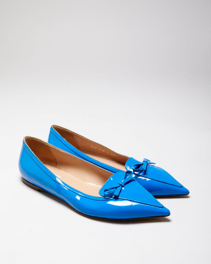 Valentino Garavani Women's Blu Vibrante Patent Leather Pointed Toe Bow Ballet Flats - UK5.5