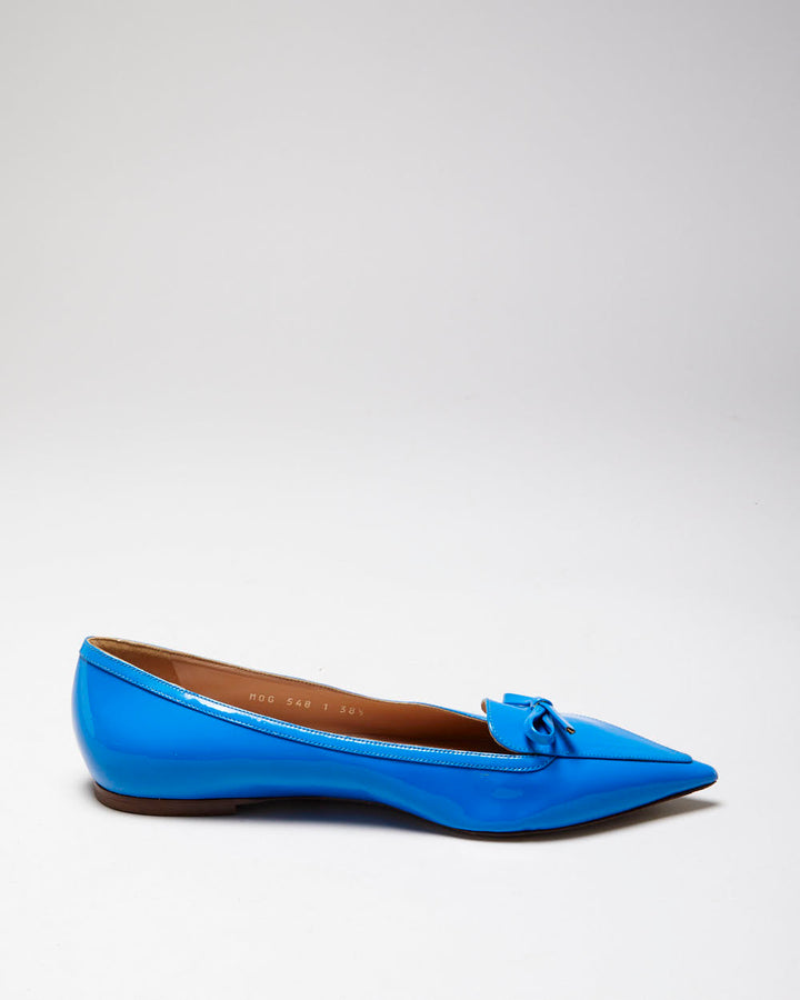 Valentino Garavani Women's Blu Vibrante Patent Leather Pointed Toe Bow Ballet Flats - UK5.5